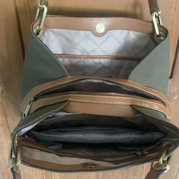 Michael Kors Raven olive green canvas tan leather satchel shoulder bag NWT - Picture 7 of 12